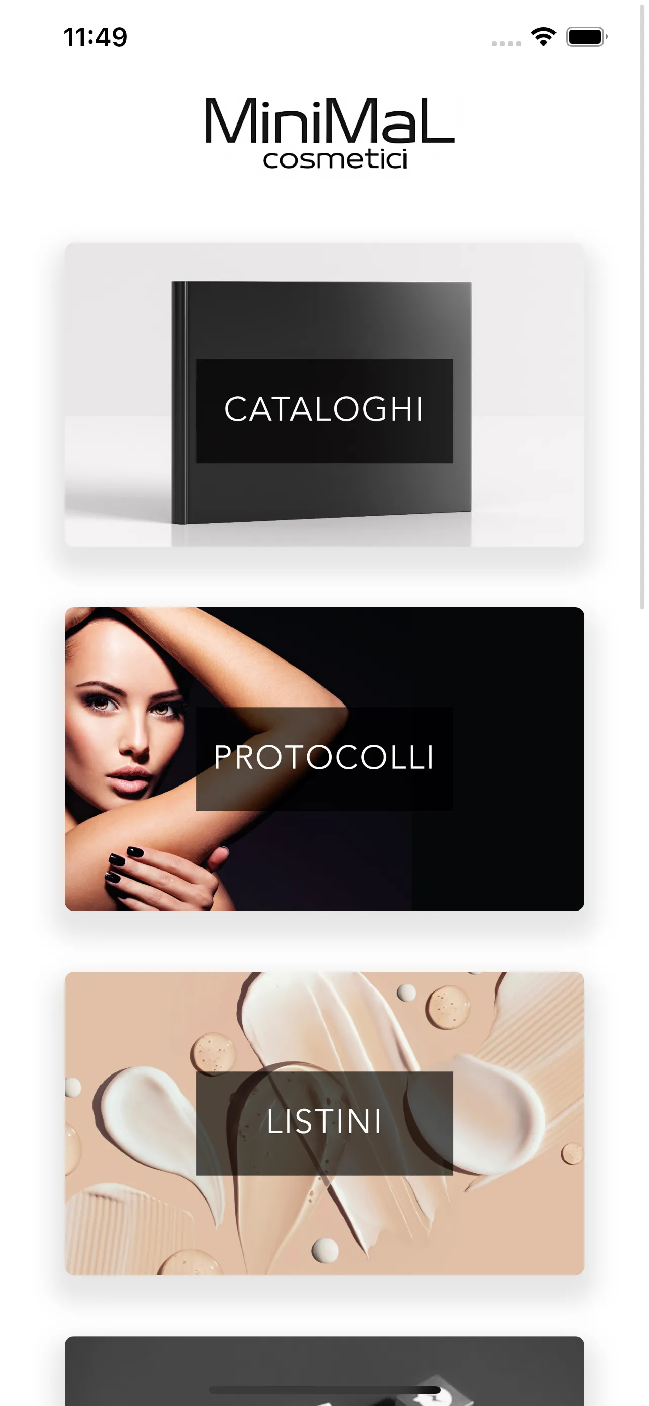 Schermata iniziale dell'app con Cataloghi, Protocolli, Listini, Social e Promo