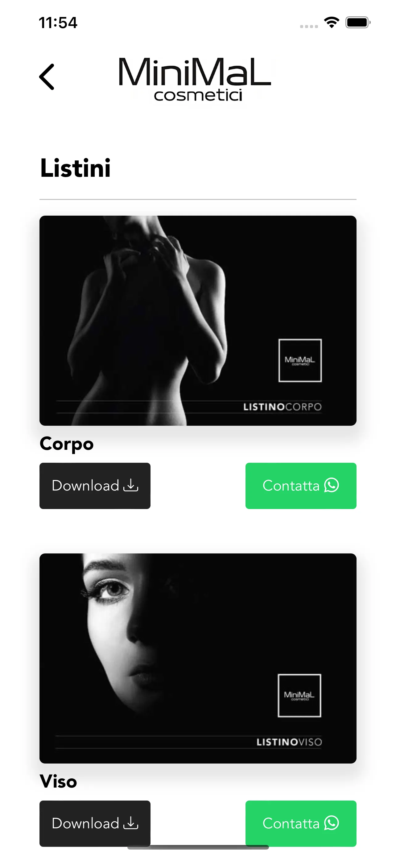 Schermata Listini dell'app con i listini corpo e viso da scaricare
