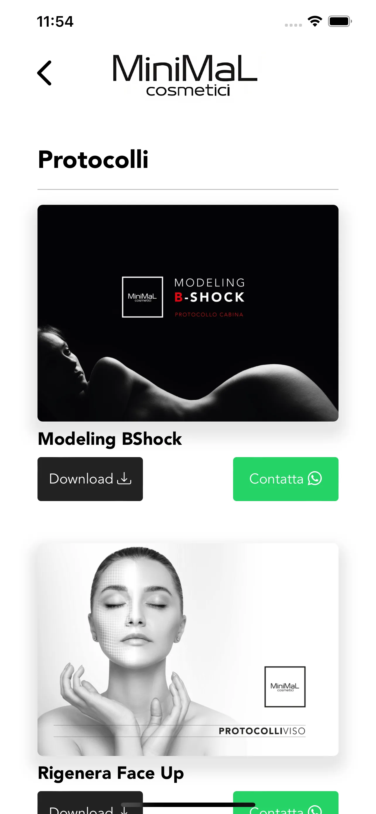 Schermata Protocolli dell'app con i protocolli Modeling B-Shock e Rigenera Face Up